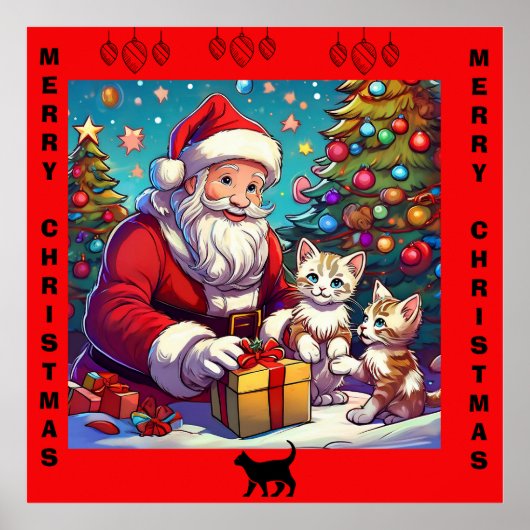 Kerstman geeft Cadeaus aan twee jonge Kittens Poster (Voorkant)