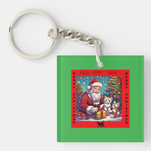 Kerstman geeft Cadeaus aan twee jonge Kittens Sleutelhanger (voorkant)