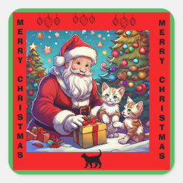 Kerstman geeft Cadeaus aan twee jonge Kittens Vierkante Sticker