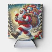 Kerstman geeft cadeaus in een besneeuwde kerst blikjeskoeler (Voorkant)