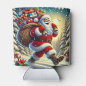 Kerstman geeft cadeaus in een besneeuwde kerst blikjeskoeler (Achterkant)