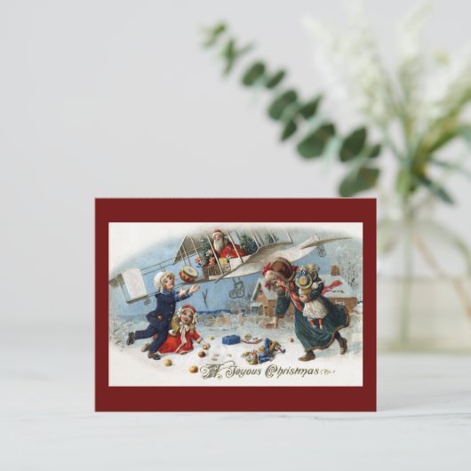 Kerstman geeft cadeaus via tweedekker feestdagenkaart (Staand voorkant)