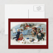 Kerstman geeft cadeaus via tweedekker feestdagenkaart (Voorkant / Achterkant)