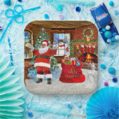 Kerstman geeft cadeautjes op eerste kerstdag papieren bordje (Feest)