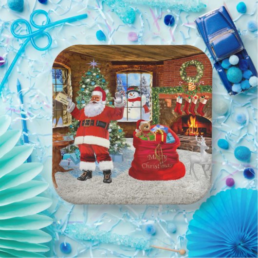 Kerstman geeft cadeautjes op eerste kerstdag papieren bordje (Feest)