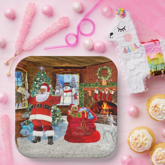 Kerstman geeft cadeautjes op eerste kerstdag papieren bordje (Feest)