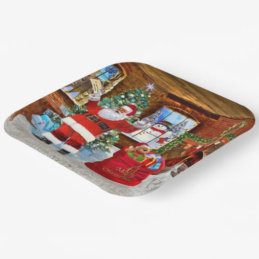 Kerstman geeft cadeautjes op eerste kerstdag papieren bordje (Gebogen)