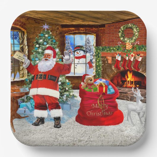 Kerstman geeft cadeautjes op eerste kerstdag papieren bordje (Voorkant)
