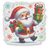 Kerstman geeft kleurrijke cadeaus deze winter sticker (Voorkant)