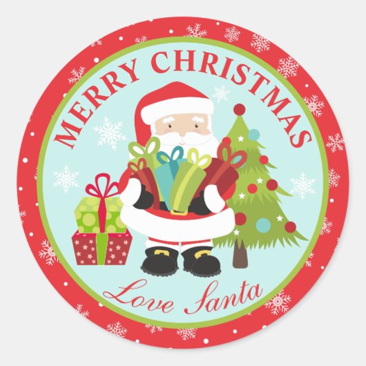 Kerstman Geeft Vrolijk Kerstfeest Ronde Sticker (Voorkant)