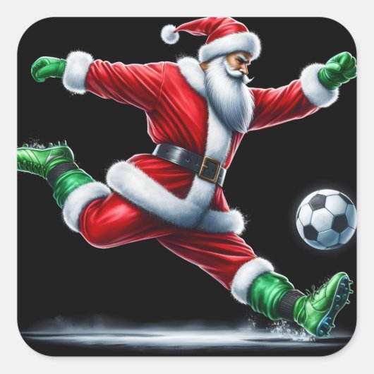 Kerstman gekleed in rood schopt een Voetbal vrolij Vierkante Sticker (Voorkant)