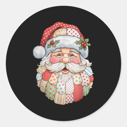 Kerstman gezicht patchwork volkskunst Kerstmis Ronde Sticker (Voorkant)