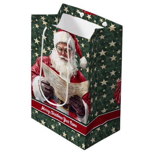  Kerstman Gift Bag met Jouw naam Custom Medium Cadeauzakje (Voorkant Gekanteld)