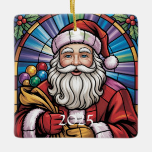 Kerstman Glas-in-Lood Kunst – Kleurrijke Kerstmis Keramisch Ornament