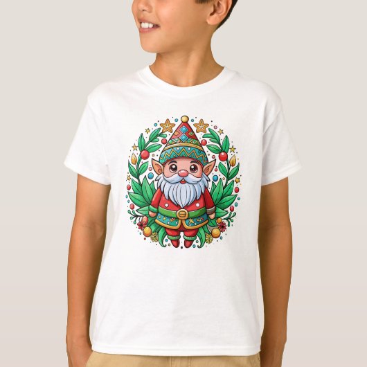Kerstman Gnome met decoratieve krans T-shirt (Voorkant)