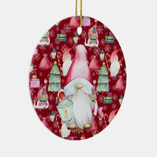 Kerstman Gnoom & Rode Patroon Naam & Datum Keramisch Ornament (Rechts)