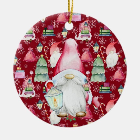 Kerstman Gnoom & Rode Patroon Naam & Datum Keramisch Ornament (Voorkant)