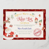 Kerstman Goede Lijst Certificaat Folie Uitnodiging (Voorkant)