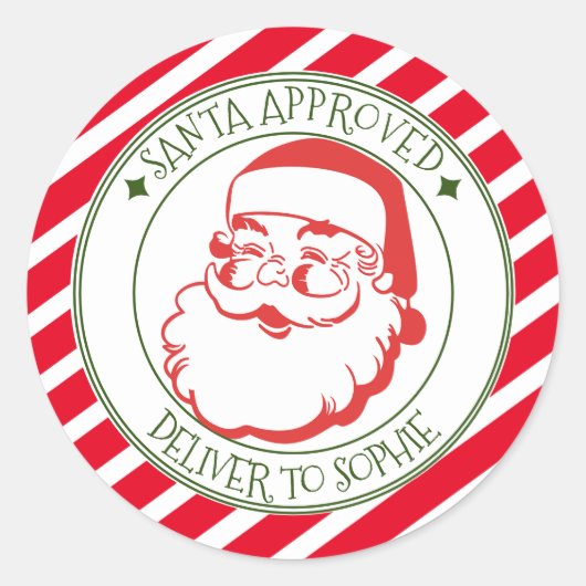 Kerstman goedgekeurd leveren rode streep kerstcade ronde sticker (Voorkant)