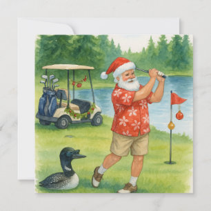 Kerstman golft aan het meer feestdagenkaart