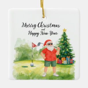 Kerstman golft op putting green keramisch ornament