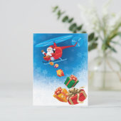 Kerstman Gooien Geschenken Van Helikopter Grappig Feestdagenkaart (Staand voorkant)