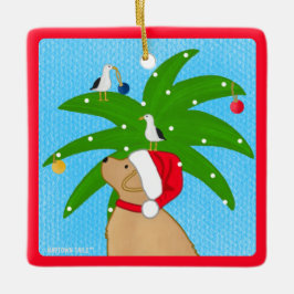 Kerstman Gouden Hond die de Kerstpalmboom Snoeit Keramisch Ornament
