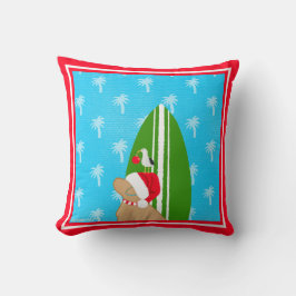 Kerstman Gouden Surfplank Hond Zeemeeuw Kerstmis Kussen