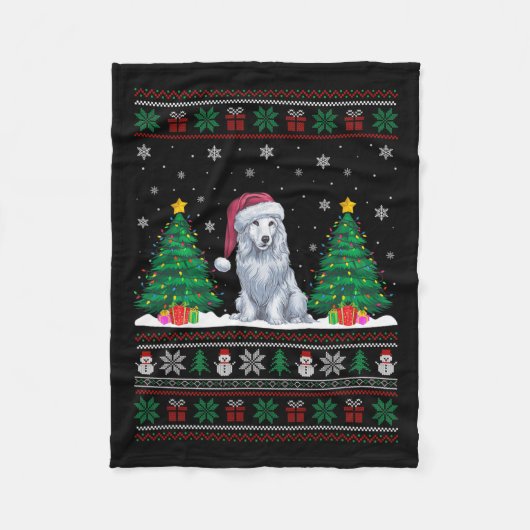 Kerstman Hat Akbash Hond Kerstboom Lights Ugly Sw Fleece Deken (Voorkant)