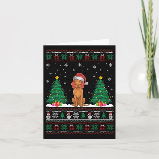 Kerstman Hat Vizsla Hond Kerstboom Lights Ugly Sw Kaart (Voorkant)