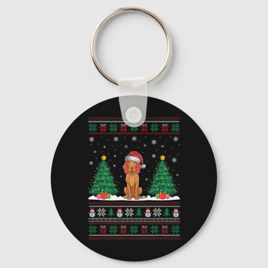 Kerstman Hat Vizsla Hond Kerstboom Lights Ugly Sw Sleutelhanger (Voorkant)