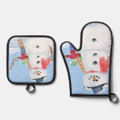 Kerstman Helper Bouwt een Dwaas Sneeuwmannetje Ovenwant & Pannenlap Set (Voorkant)