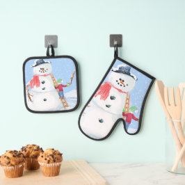 Kerstman Helper Bouwt een Dwaas Sneeuwmannetje Ovenwant & Pannenlap Set