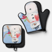 Kerstman Helper Bouwt een Dwaas Sneeuwmannetje Ovenwant & Pannenlap Set (Voorkant / Achterkant)