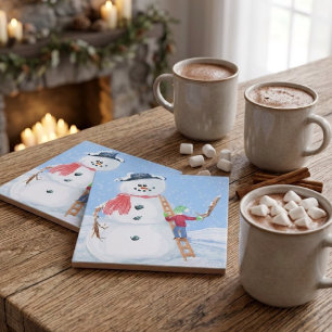 Kerstman Helper Bouwt een Dwaas Sneeuwmannetje Tegeltje