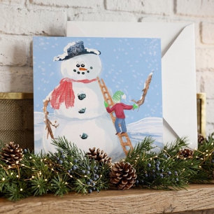 Kerstman Helper Bouwt een Dwaze Sneeuwman Kaart