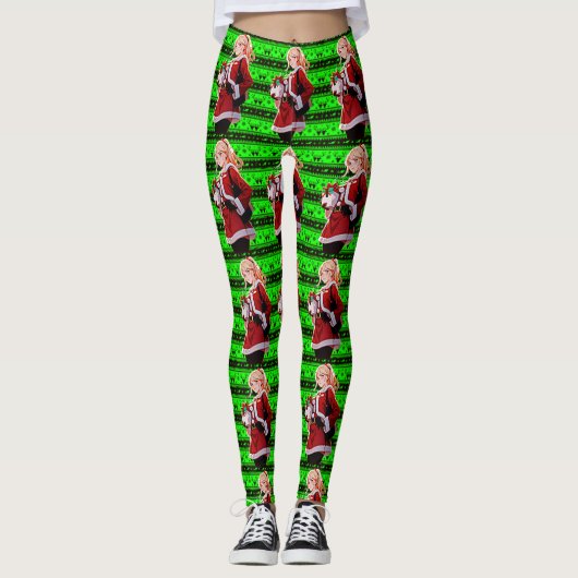 Kerstman Helper Kostuum Vrouwen Leggings (Voorkant)