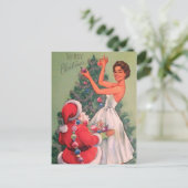  kerstman helpt vrouwen de boom te decorteren feestdagenkaart (Staand voorkant)