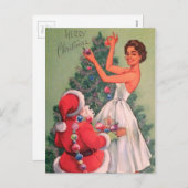  kerstman helpt vrouwen de boom te decorteren feestdagenkaart (Voorkant / Achterkant)