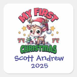 Kerstman-hert eerste kerstmis baby, gepersonalisee vierkante sticker