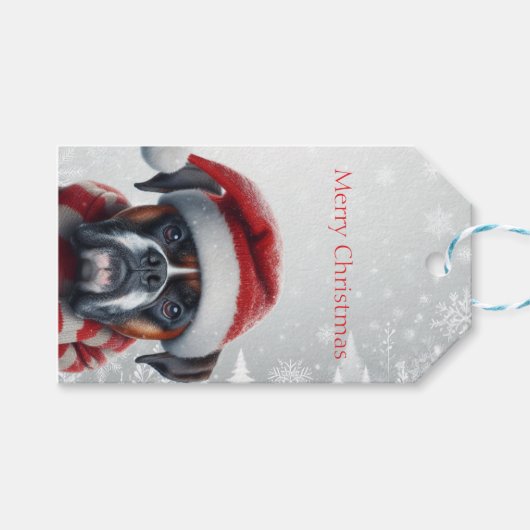 Kerstman Hoed Boxer Hond Kerstmis Cadeaulabel (Voorkant (Horizontaal))