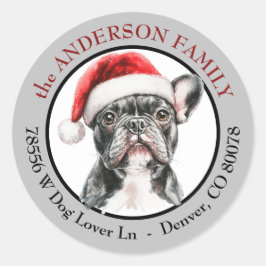 Kerstman Hoed Franse Bulldog Retouradres Ronde Sticker