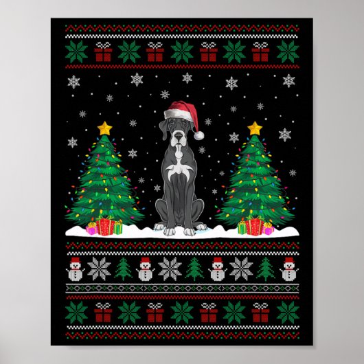 Kerstman Hoed Grote Deen Hond Kerstboom Lights Ugl Poster (Voorkant)