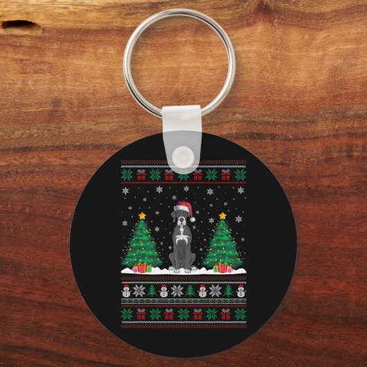 Kerstman Hoed Grote Deen Hond Kerstboom Lights Ugl Sleutelhanger (Voorkant)