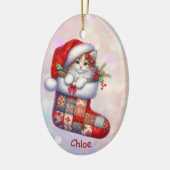 Kerstman hoed kitten in kous kleindochter keramisch ornament (Links)