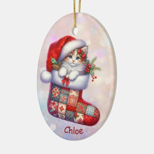Kerstman hoed kitten in kous kleindochter keramisch ornament (Links)