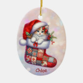 Kerstman hoed kitten in kous kleindochter keramisch ornament (Voorkant)