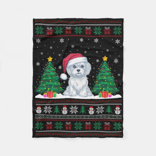 Kerstman Hoed Maltese hond Kerstboom Lights Ugly S Fleece Deken (Voorkant)
