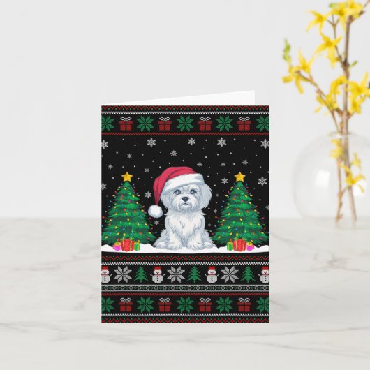 Kerstman Hoed Maltese hond Kerstboom Lights Ugly S Kaart (Gele Bloem)