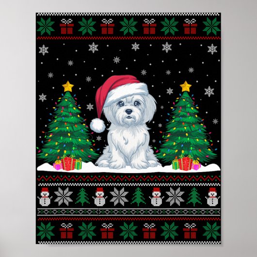 Kerstman Hoed Maltese hond Kerstboom Lights Ugly S Poster (Voorkant)